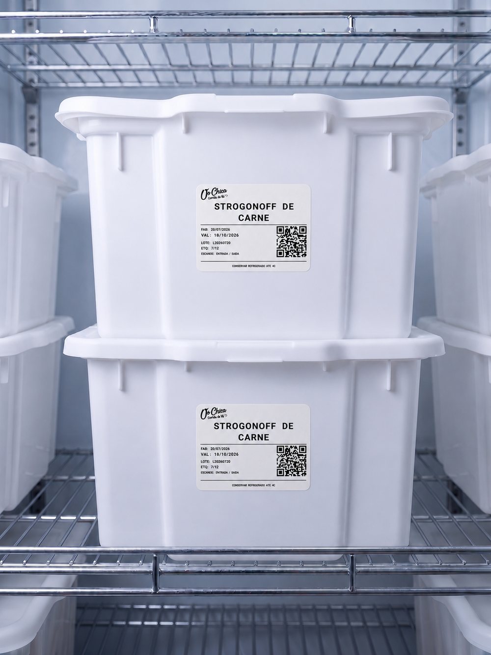 Duas caixas de strogonoff de carne empilhadas na câmara fria, cada uma com uma etiqueta Kolex impressa mostrando o nome do produto em letra grande, data de fabricação, validade, lote, número da etiqueta e QR code.